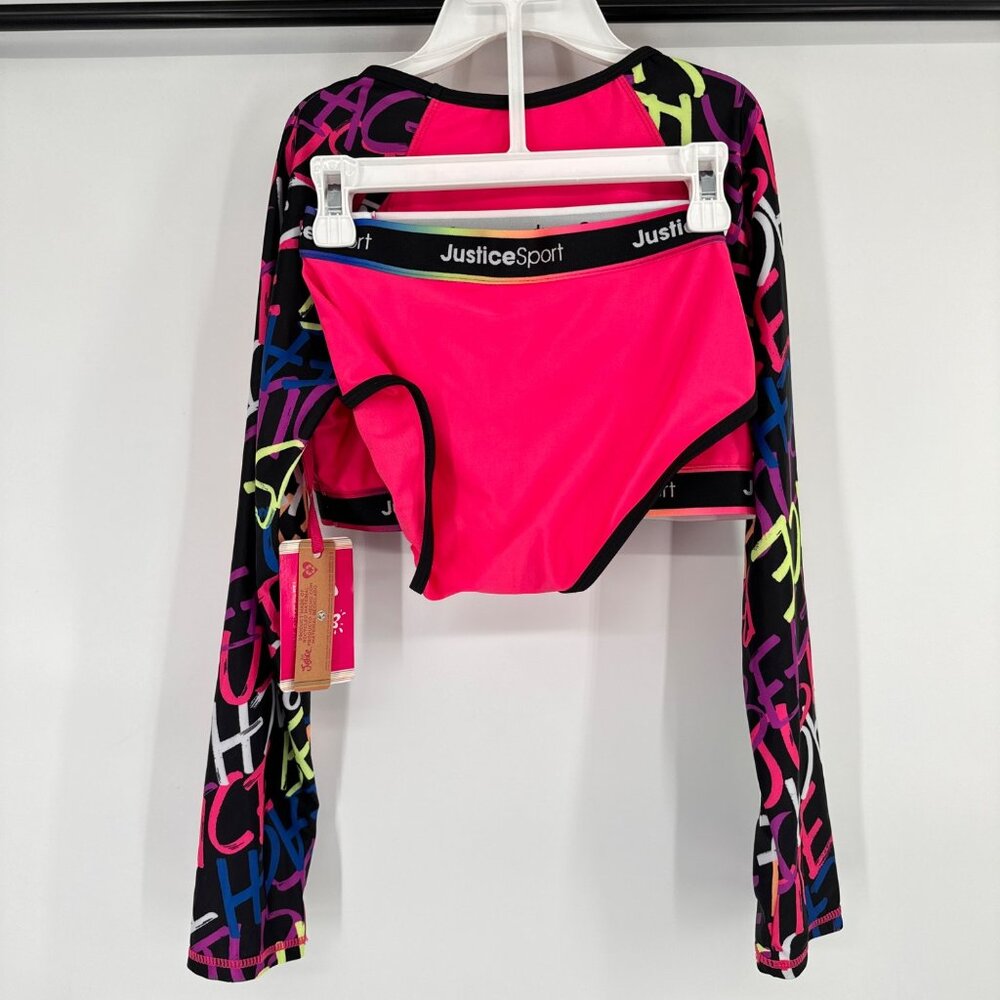 Justice Sport Girls Long Sleeve Crop Top & Bikini Set Large Pink size large - Picture 9 of 10